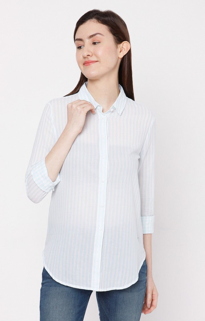 Spykar Women Sky Blue Cotton Regular Fit Striped Shirt