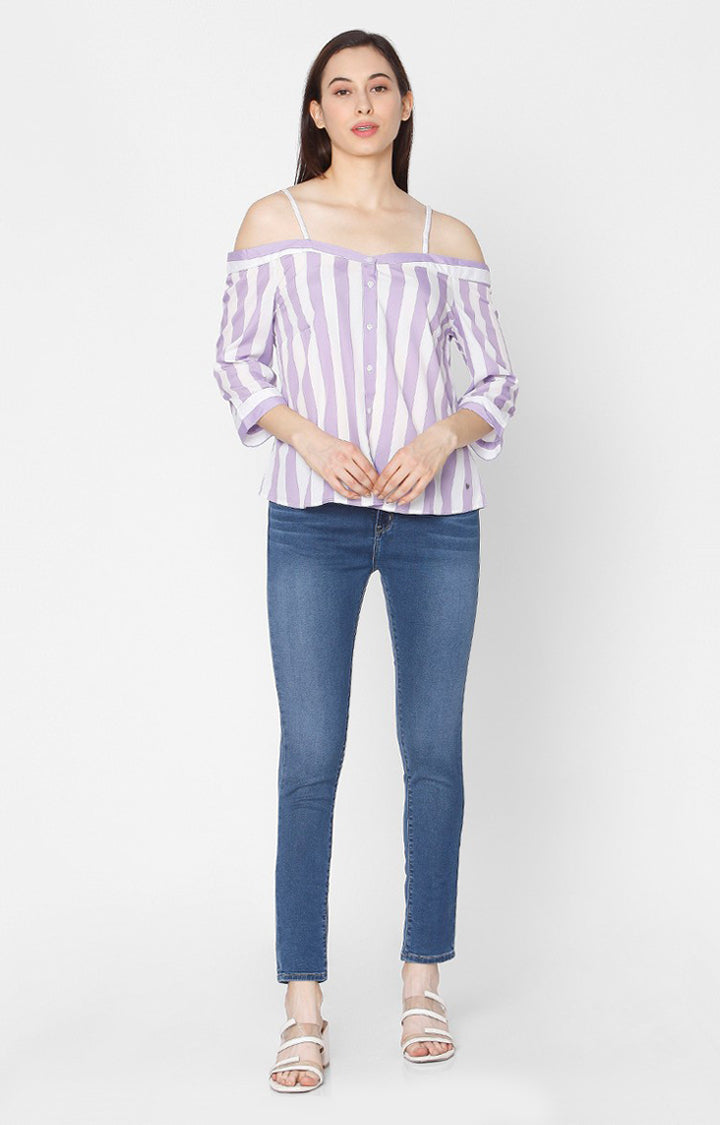 Spykar Slim Fit Purple Sttiped Off Shoulder Cotton Women Shirt