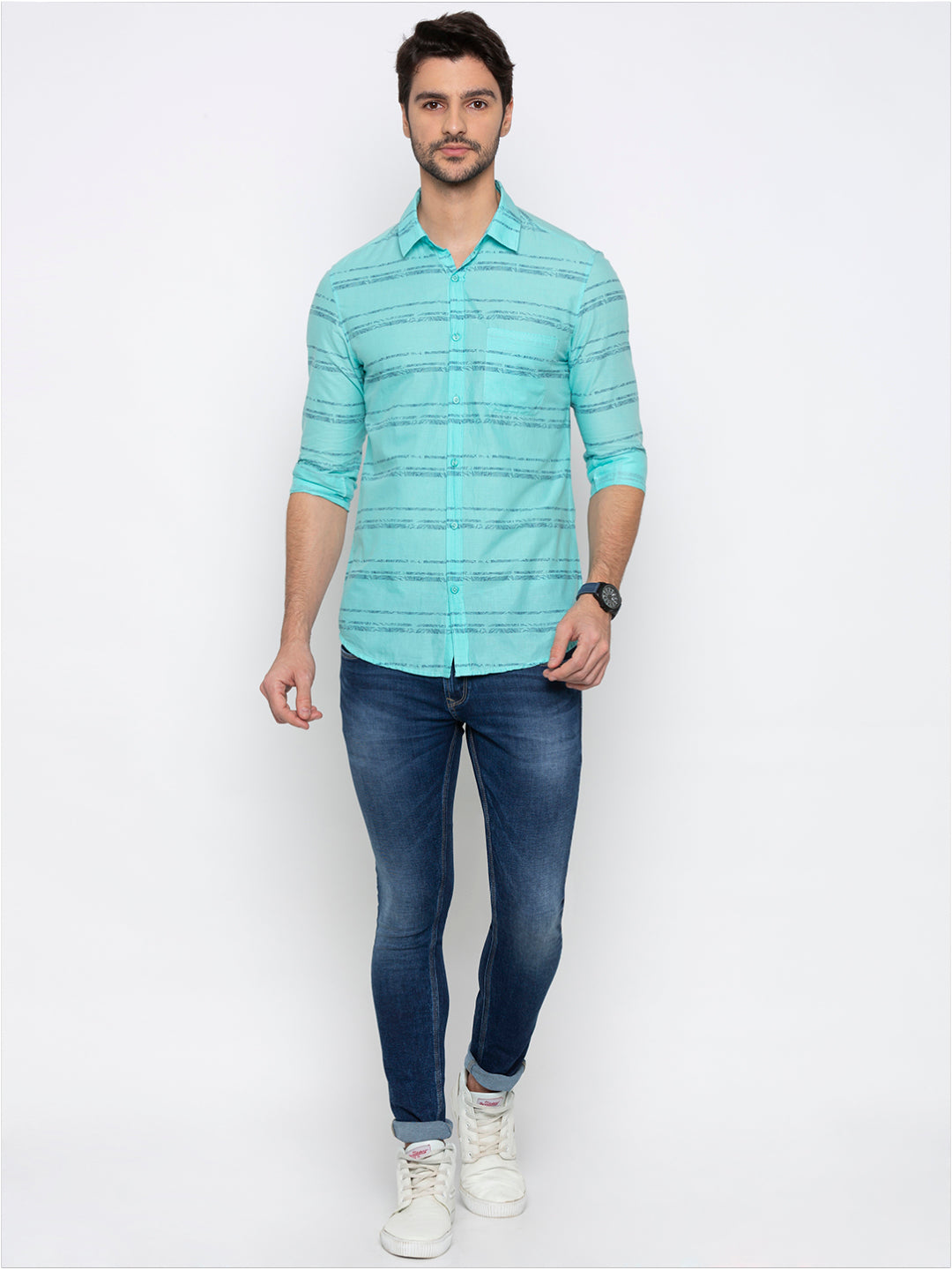 Spykar Men Aqua Green Cotton Slim Fit Shirt