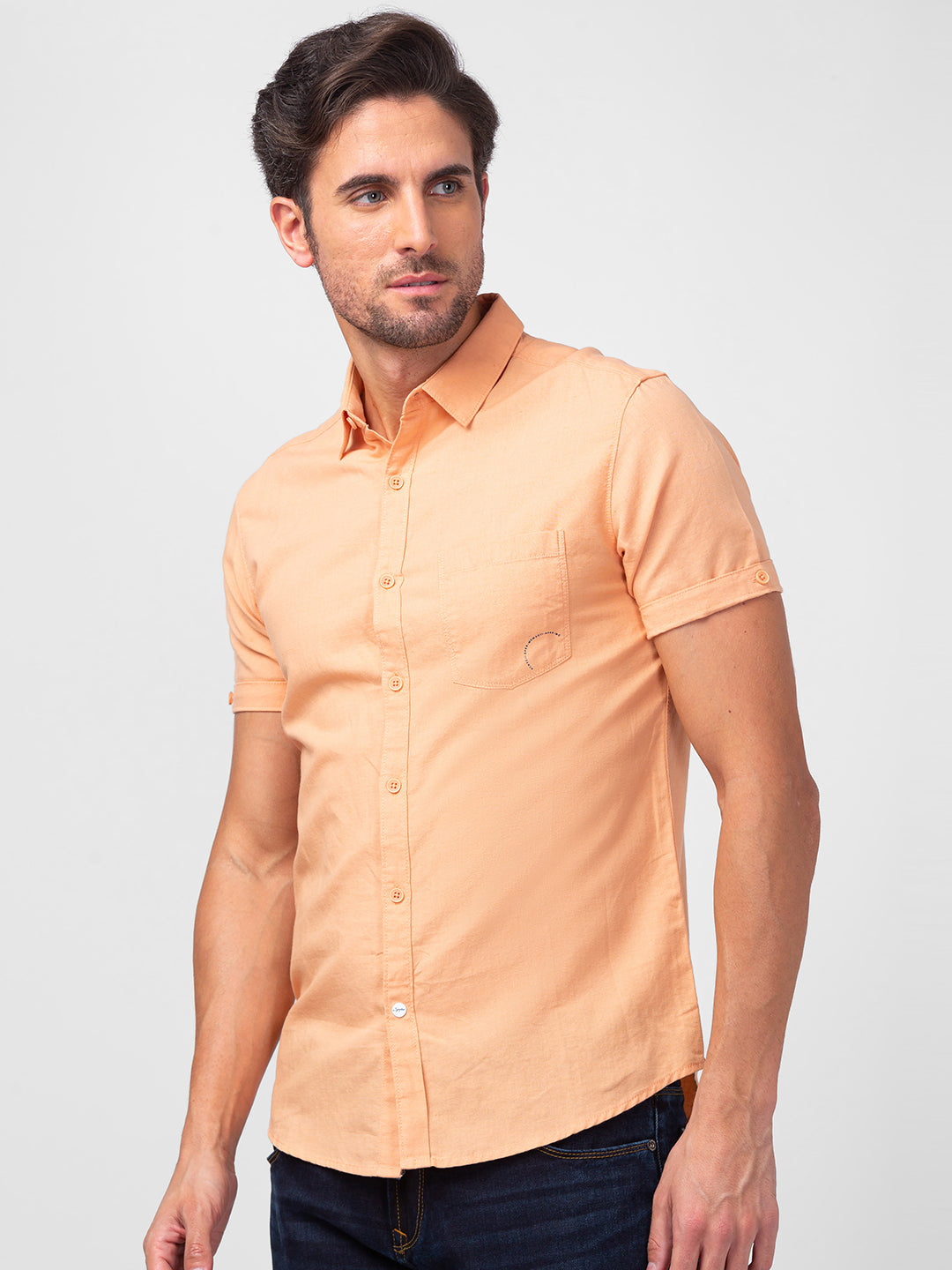 Spykar Men Peach Linen Slim Fit Plain Shirt