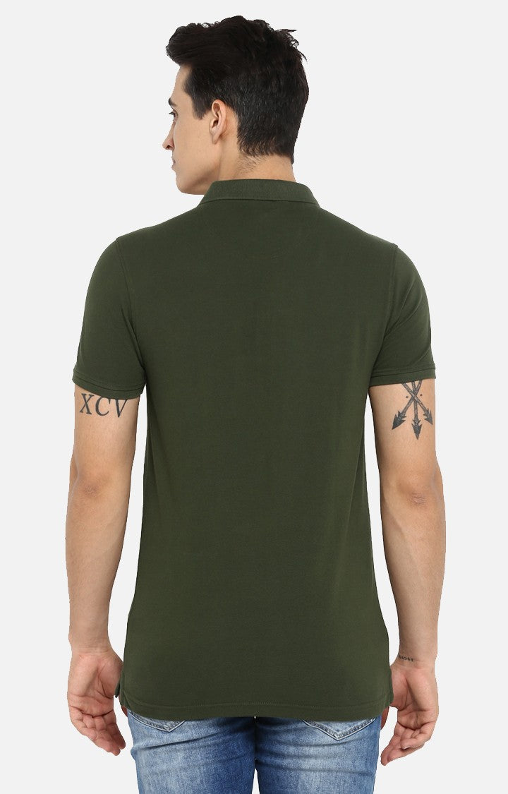 Spykar Olive Solid Slim Fit Polos T-Shirt