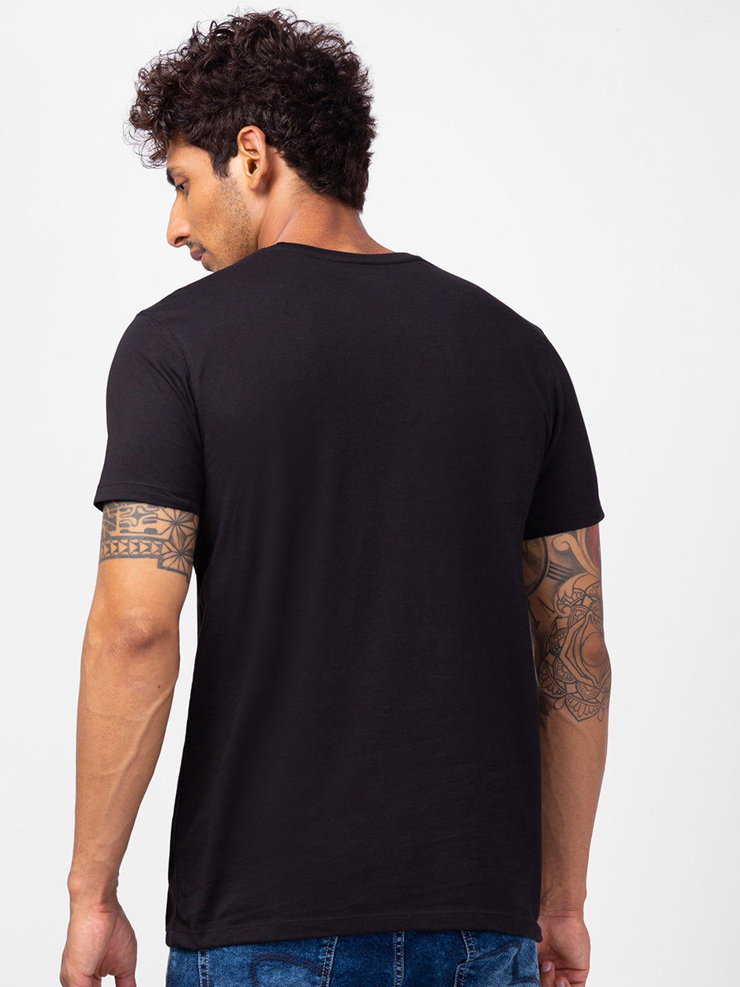 Spykar Men Black Cotton Slim Fit Round Neck Printed T-Shirt