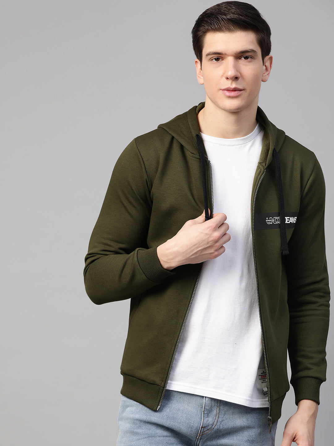 Olive Cotton Solid Hooded Sweatshirts- Underjeans By Spykar