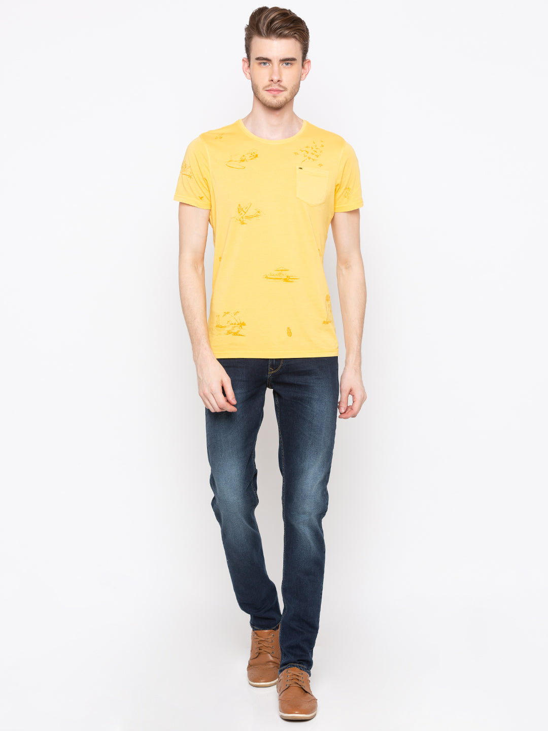 Spykar Yellow Cotton Slim Fit T-Shirt For Men