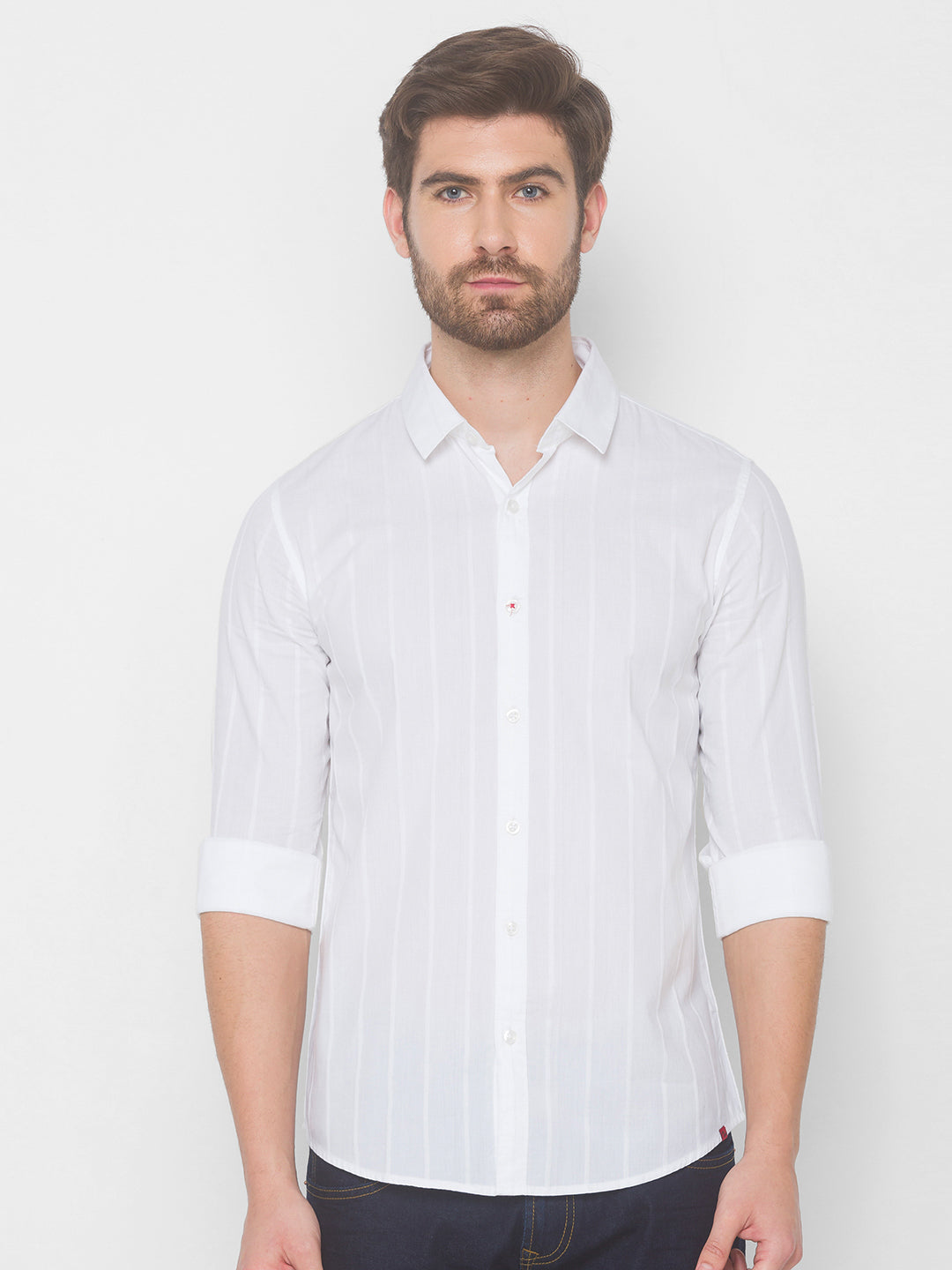 Spykar Men White Cotton Casual Slim Fit Shirt