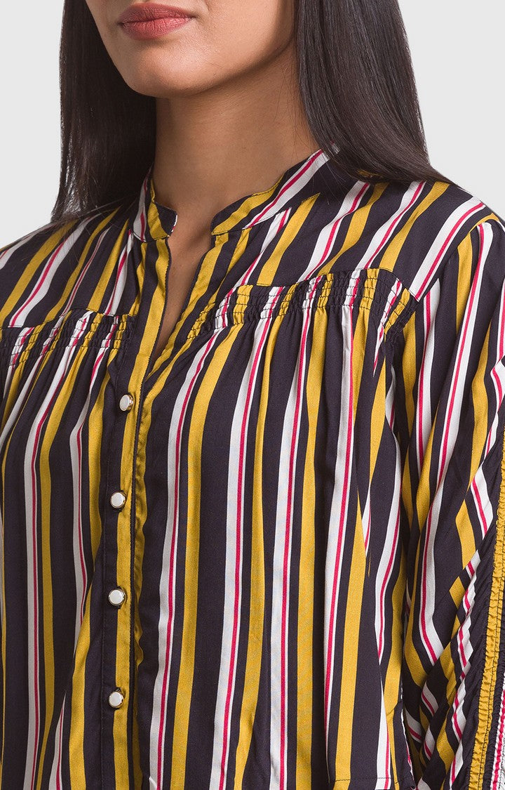 Spykar Mustard Multi Stripe Cotton Full Sleeve Striped Shirts For Women