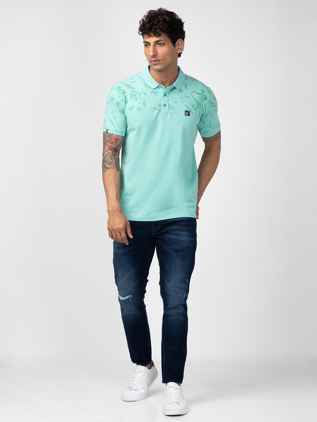 Spykar Men Ice Green Cotton Regular Fit Half Sleeve Printed Polo T-Shirt