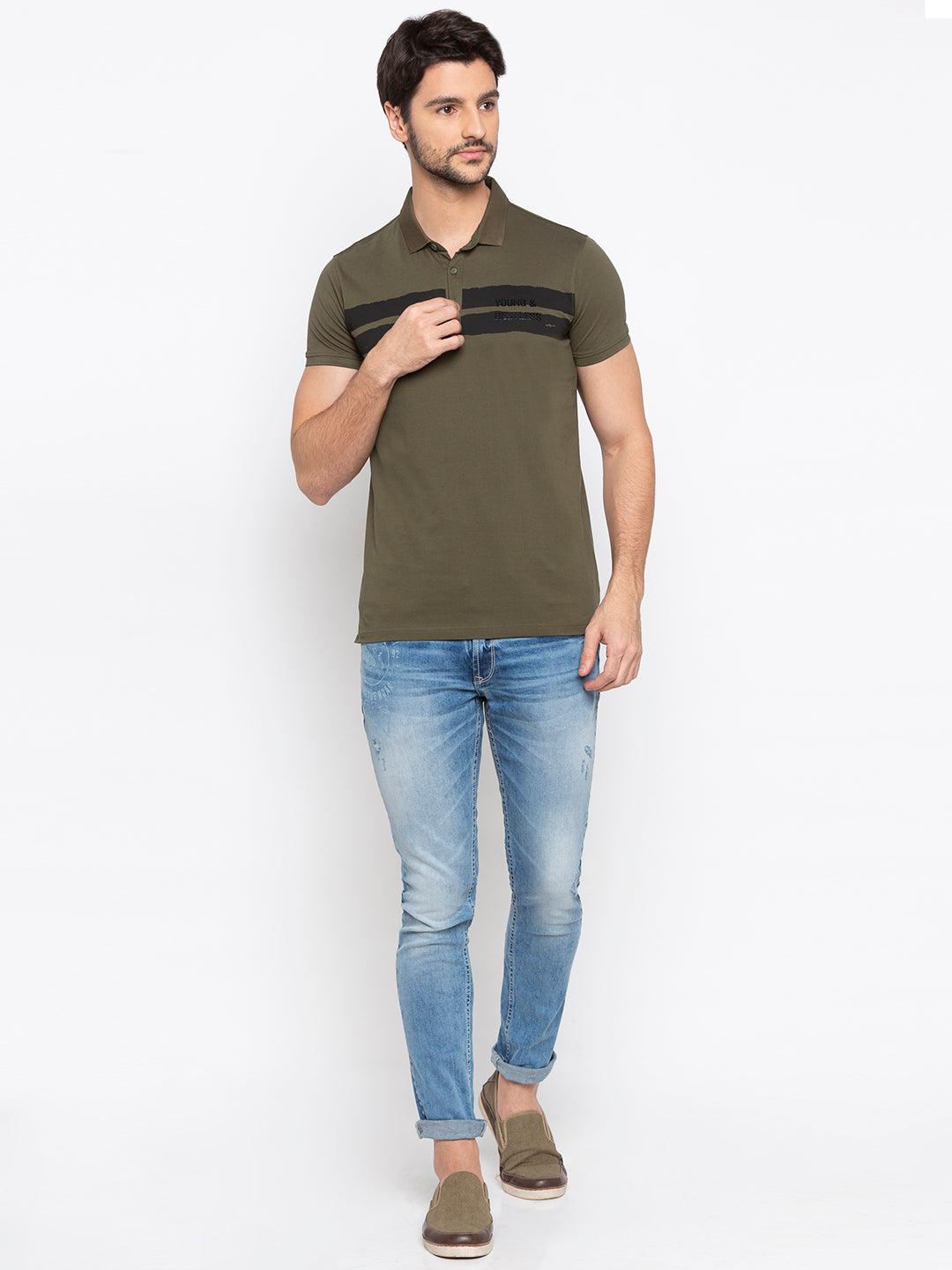 Spykar Men Green Cotton Slim Fit Polo T-Shirt