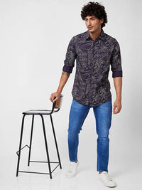 Spykar Men Navy Blue Slub Regular Slim Fit Full Sleeve Casual Floral Print Shirt