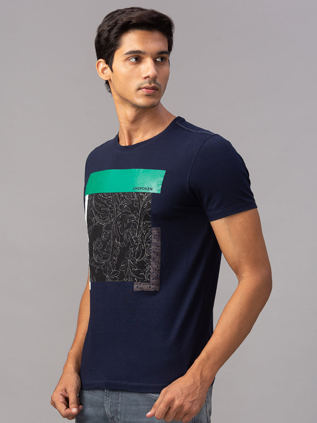 Spykar Men Blue Cotton Slim Fit Round Neck T-Shirt