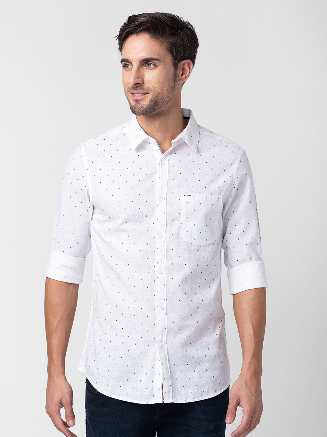 Spykar Men White Cotton Slim Fit Printed Shirts