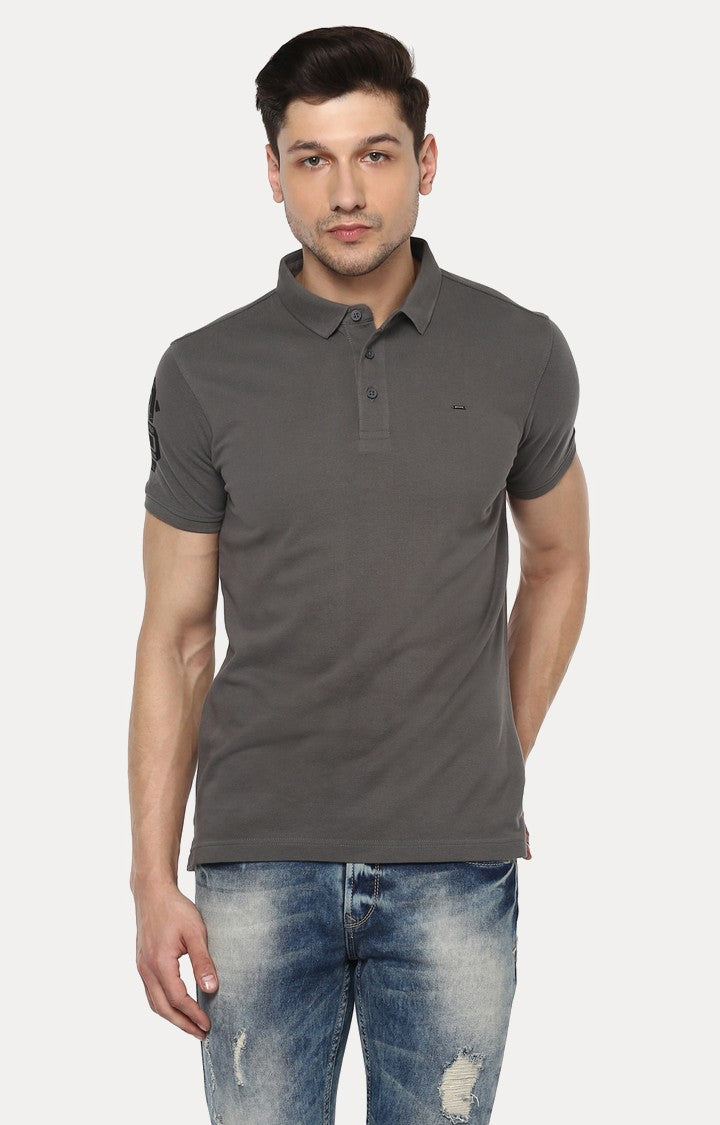 Spykar Grey Solid Slim Fit Polo T-Shirt