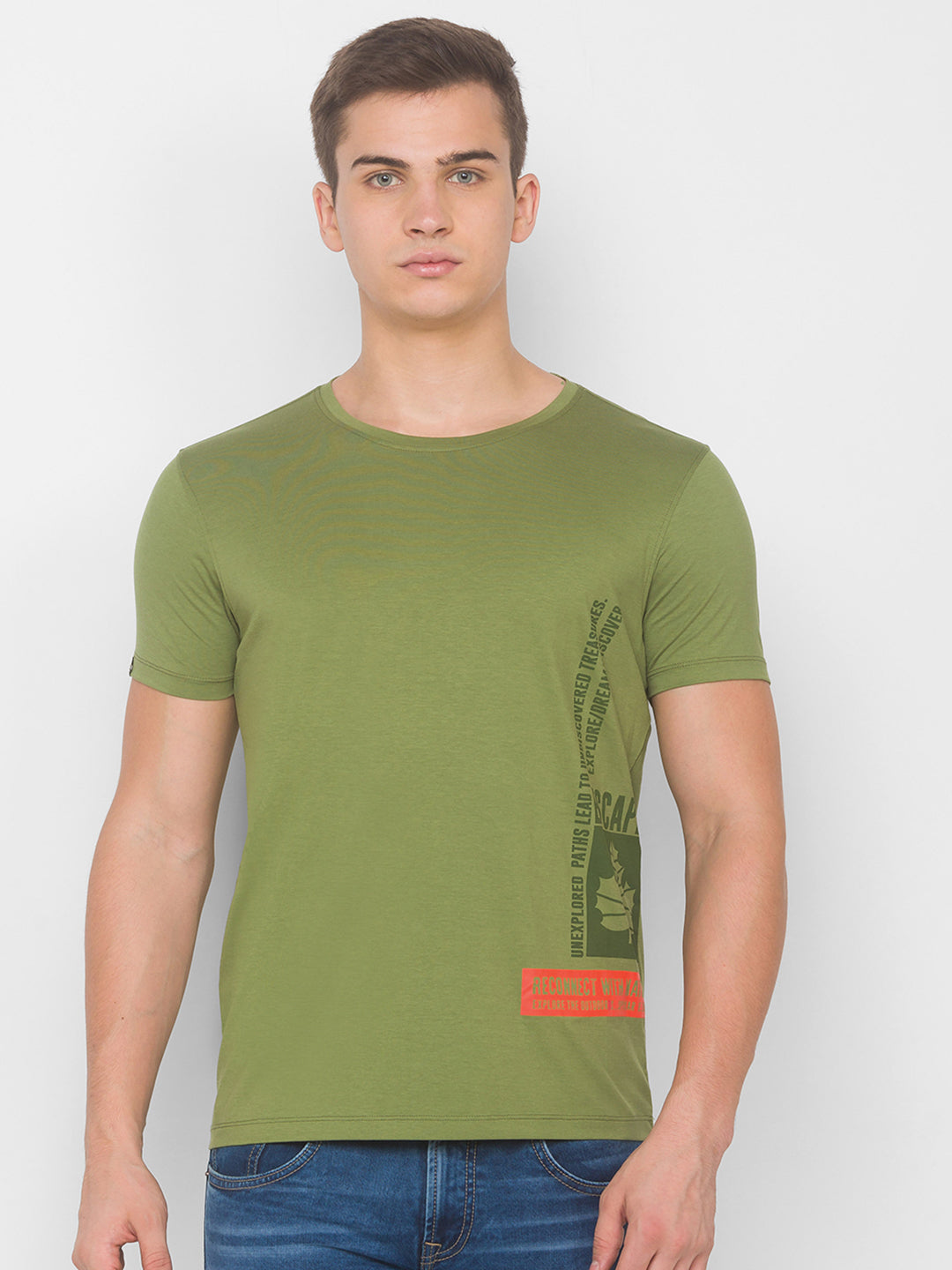 Spykar Men Green Cotton Slim Fit Round Neck T-Shirt