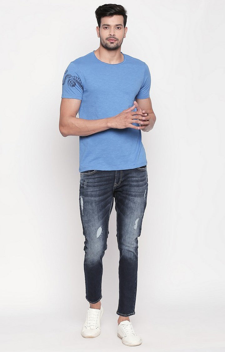 Spykar Blue Cotton Slim Fit T-Shirt For Men