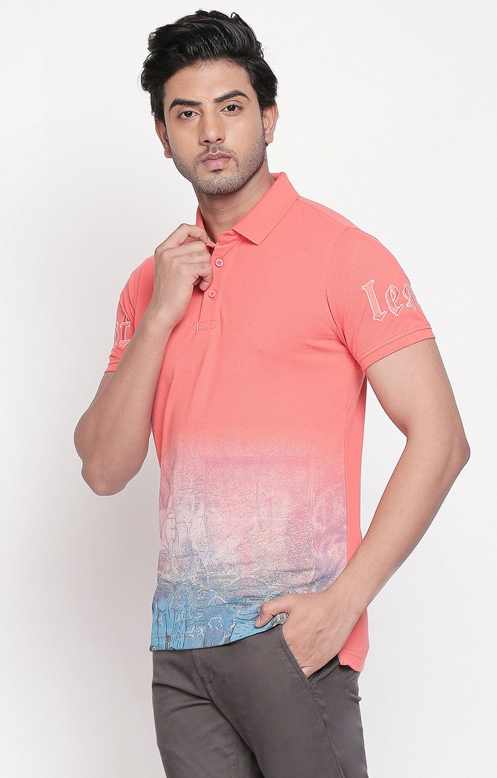 Spykar Coral Printed Slim Fit Polo T-Shirt