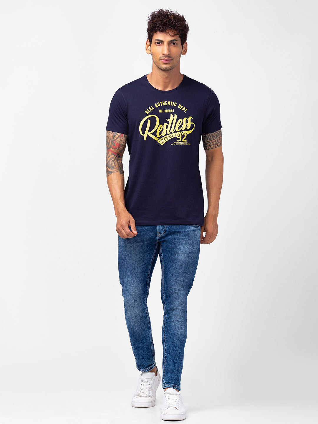 Spykar Men Navy Blue Cotton Slim Fit Round Neck Printed T-Shirt