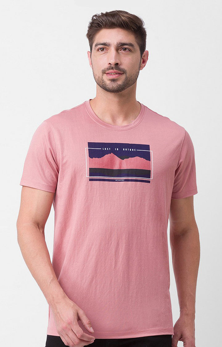 Spykar Dusty Pink Cotton Half Sleeve Printed Casual T-shirt For Men