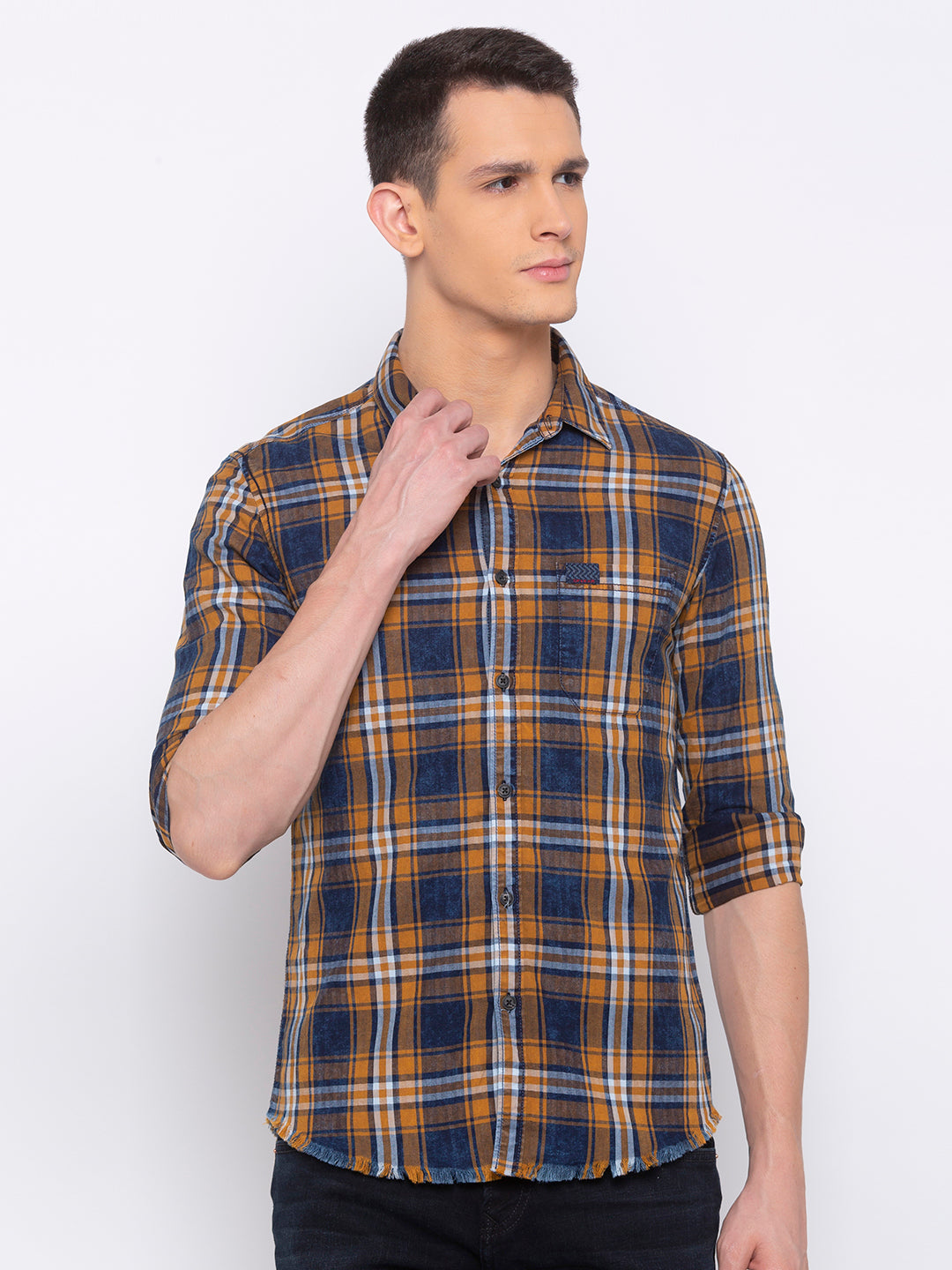 Spykar Men Mustard Checked Slim Fit Casual Shirt