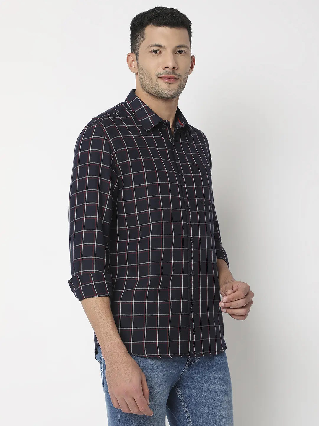 Spykar Men Navy Blue Cotton Slim Fit Checkered Shirt