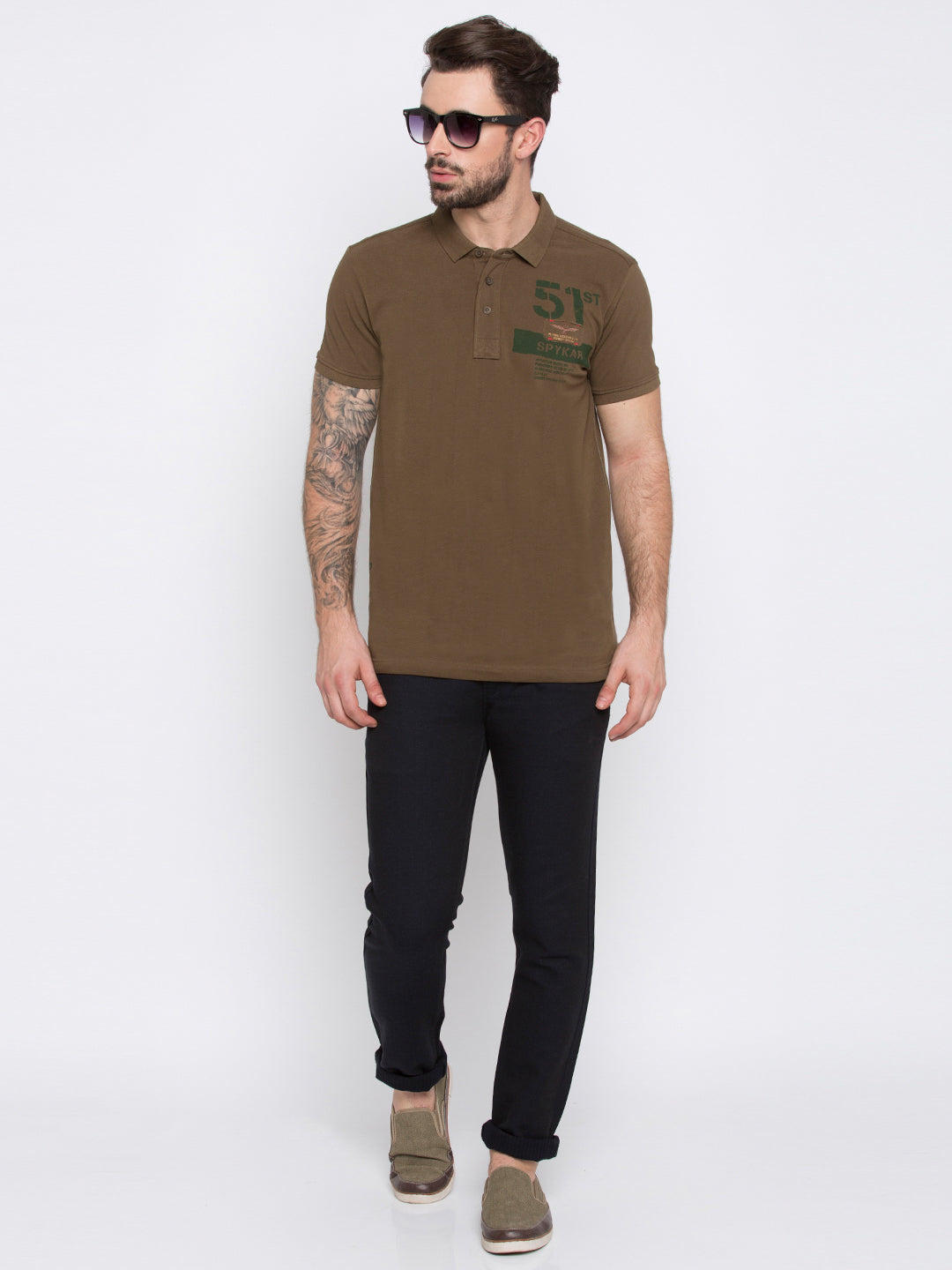 Spykar Olive Solid Slim Fit Polo Tshirt For Men