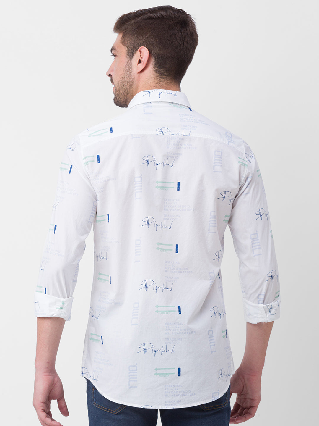 Spykar White Cotton Full Sleeve Printed Shirt For Men