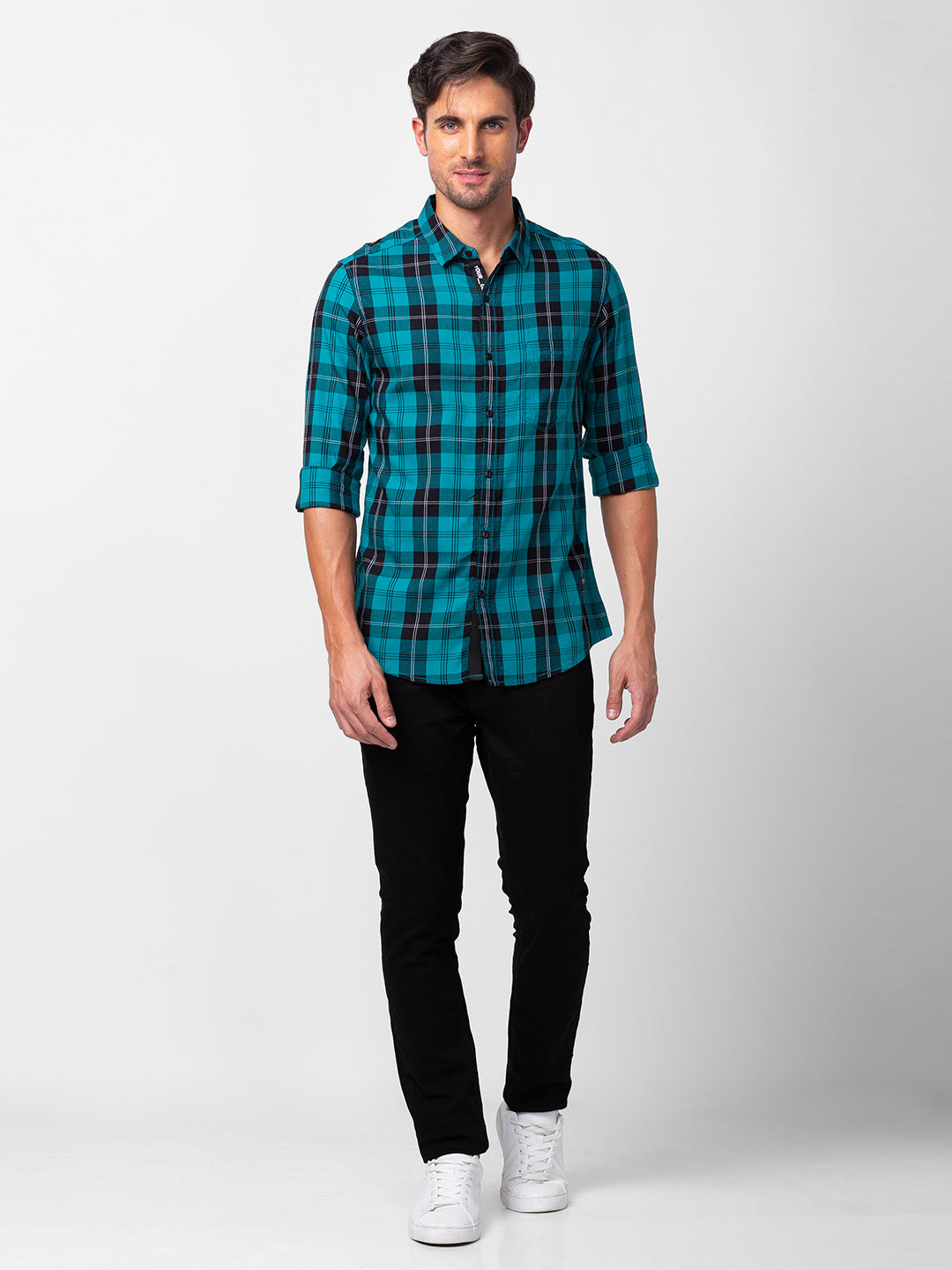 Spykar Men Sporty Green Cotton Slim Fit Checkered Shirt