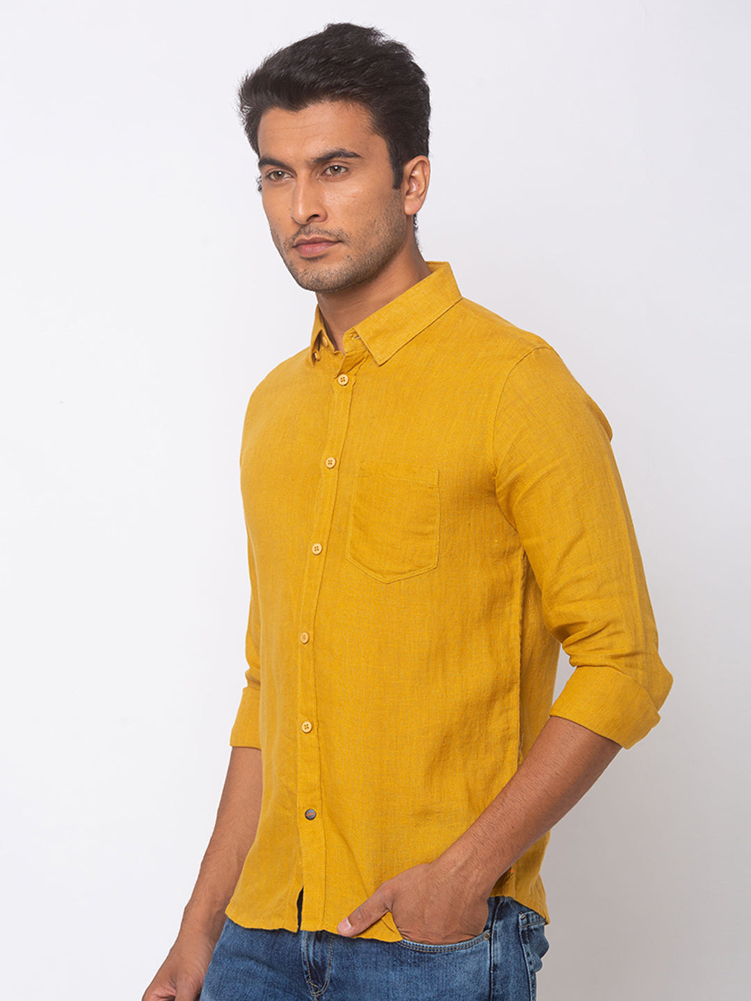 Spykar Men Mustard Yellow Linen Slim Fit Shirt