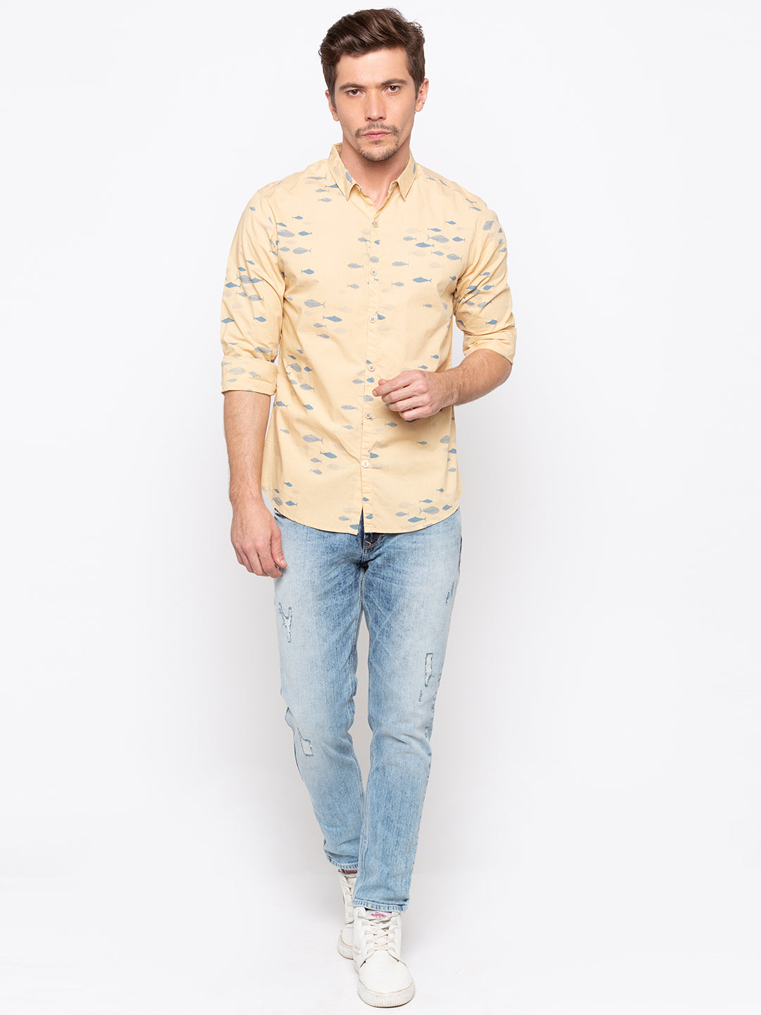 Spykar Men Beige Printed Slim Fit Casual Shirt