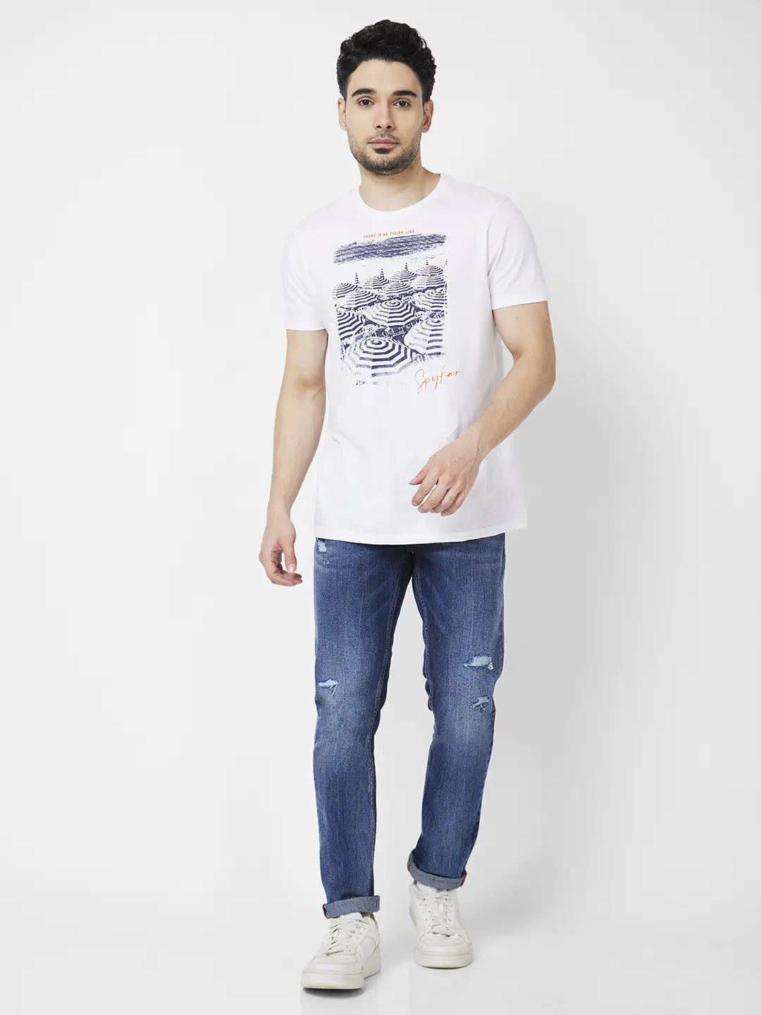 Spykar Men Mid Blue Cotton Slim Fit Narrow Length Mild Distressed Low Rise Jeans (Skinny)