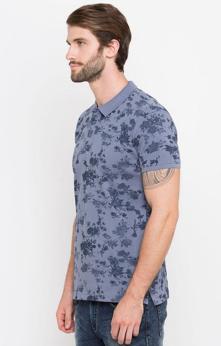 Spykar Blue Printed Slim Fit Polo T-Shirt