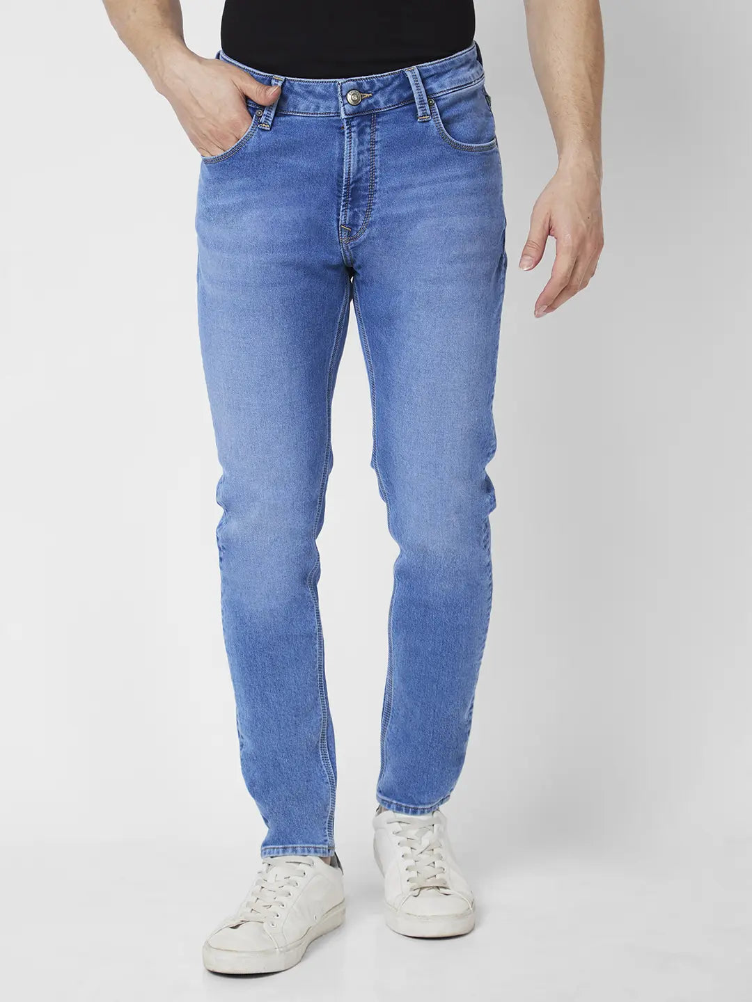 Spykar Men Light Blue Cotton Stretch Super Slim Fit Tapered Length Clean  Look Low Rise Jeans (Super Skinny)