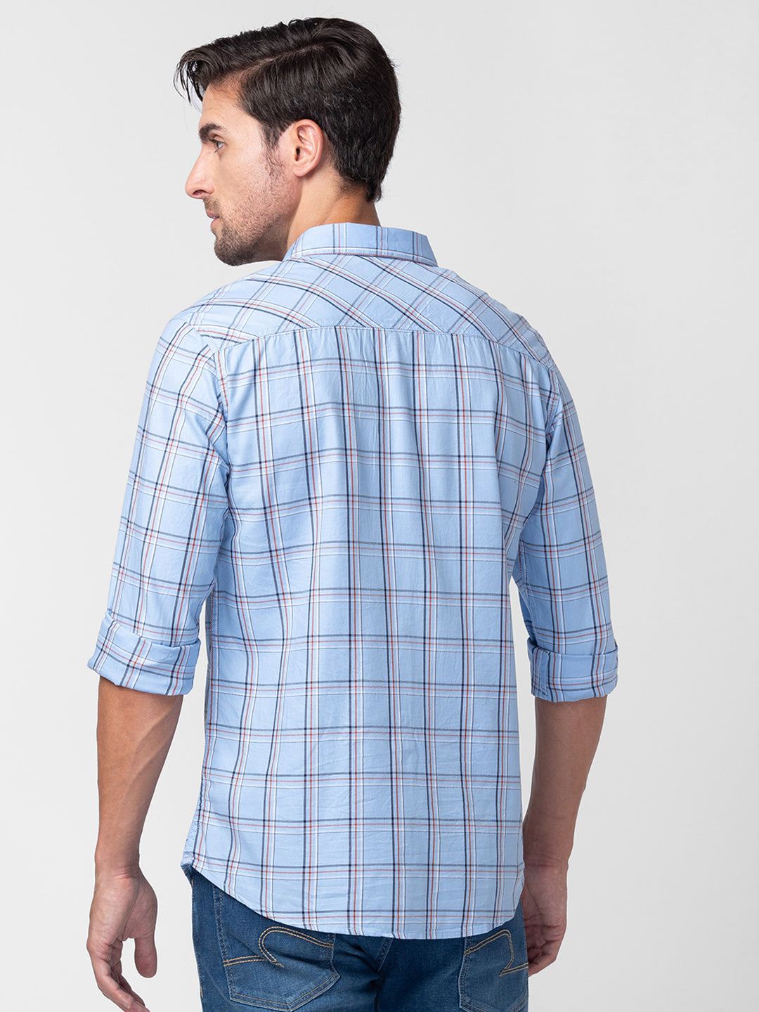 Spykar Men Sky Blue Cotton Regular Fit Checkered Shirts