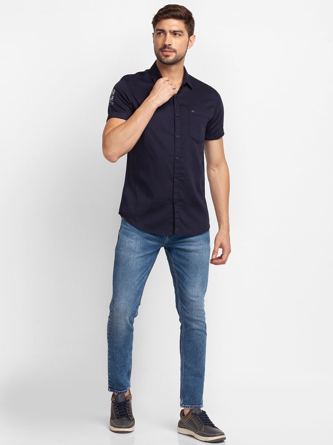 Spykar Navy Blue Cotton Half Sleeve Plain Shirt For Men