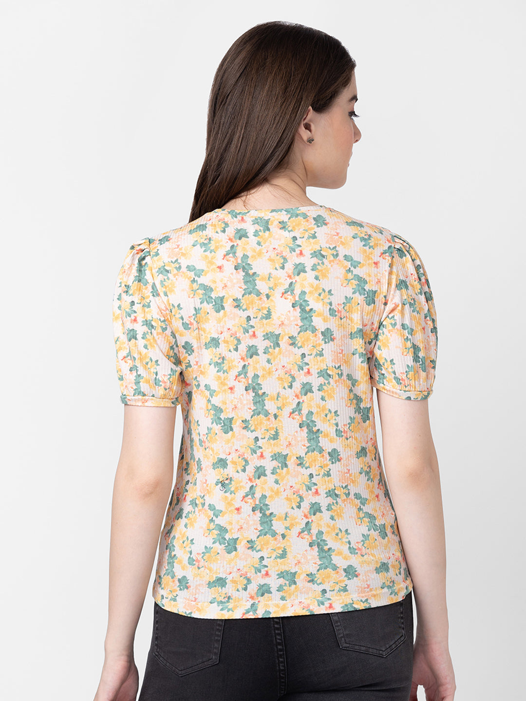 Spykar Women Yellow Cotton Slim Fit Floral T-Shirt