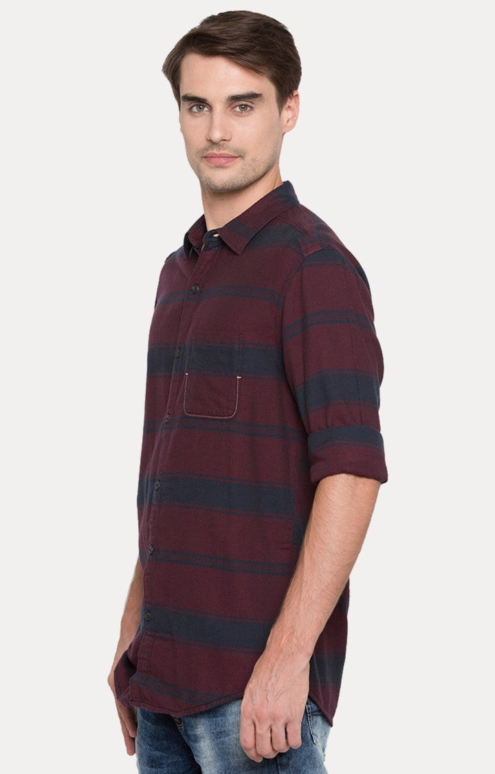 Spykar Men'S Red Cotton Striped Casual Shirts