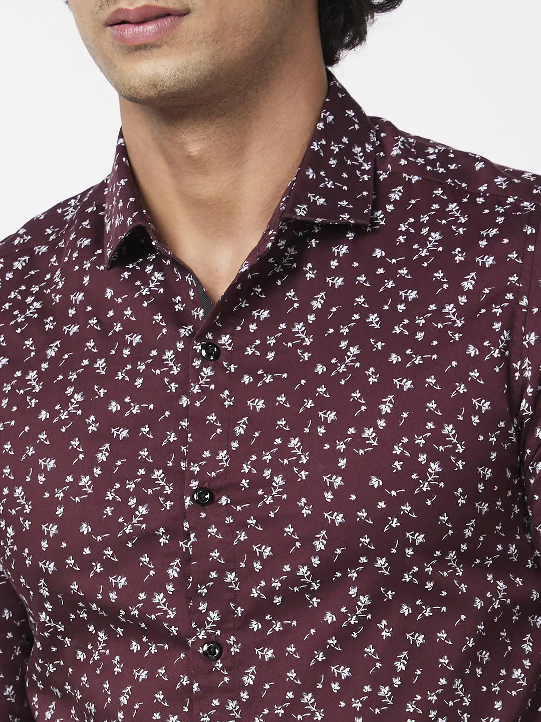 Spykar Men Deep Wine Red Satin Slim Fit Full Sleeve Causal Printed Shirt
