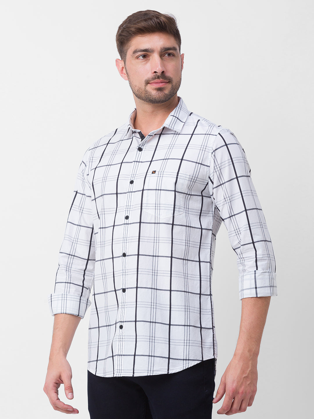 Spykar White Cotton Full Sleeve Checks Shirt For Men