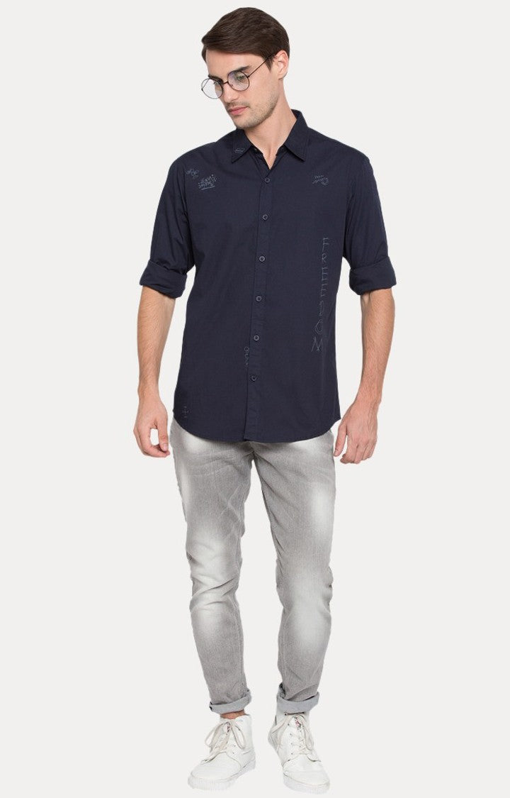 Spykar Men'S Blue Cotton Solid Casual Shirts