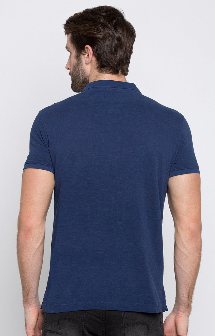 Spykar Blue Printed Slim Fit Polo T-Shirt