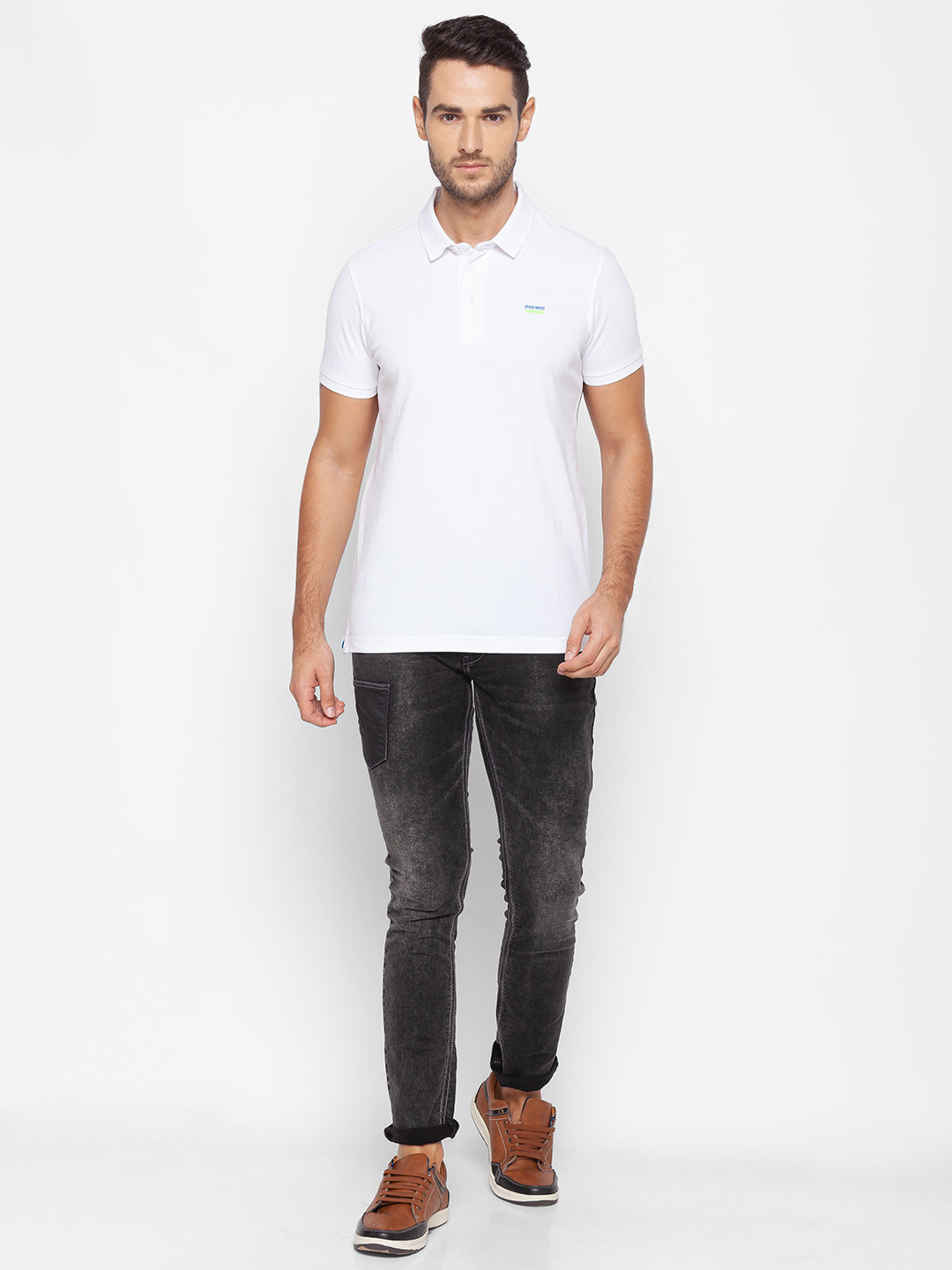 Spykar Men White Cotton Slim Fit Polo T-Shirt