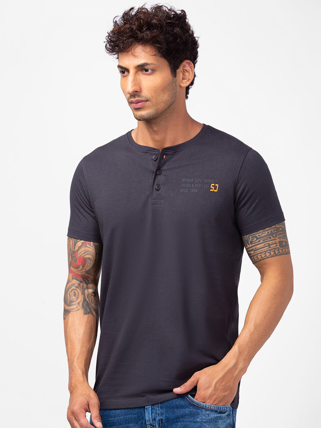 Spykar Men Slate Grey Cotton Slim Fit Henley Neck Plain T-Shirt