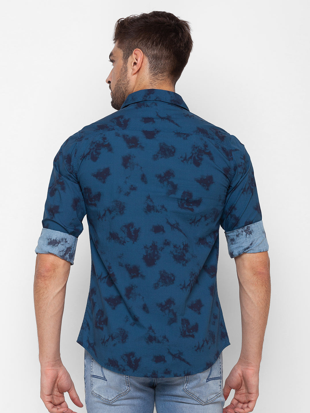 Spykar Indigo Blue Cotton Full Sleeve Printed Shirt For Men