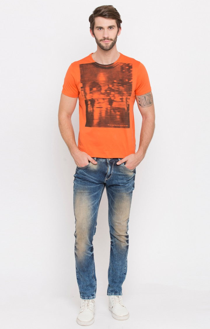 Spykar Orange Printed Slim Fit Men T-Shirts