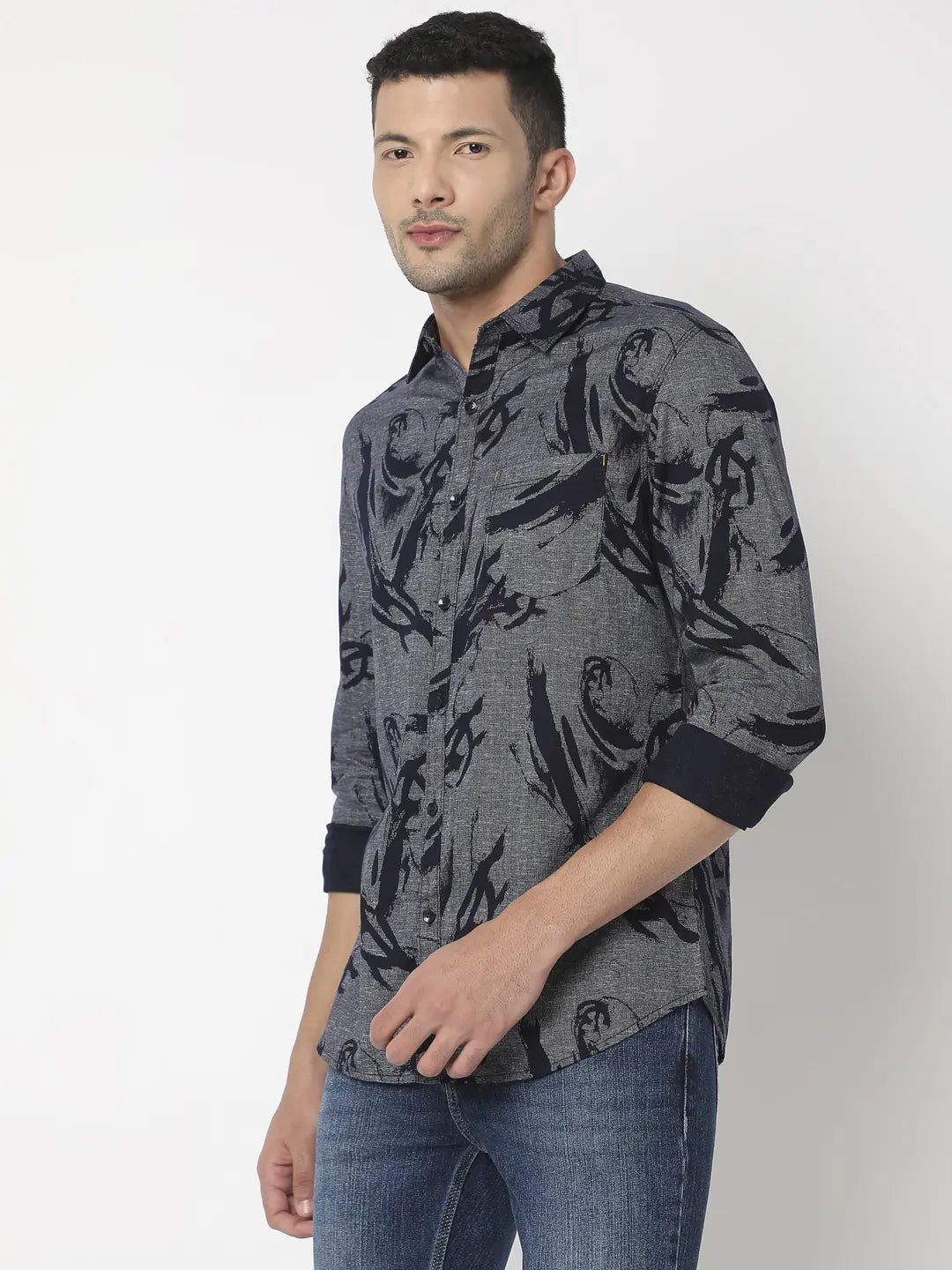 Spykar Men Navy Cotton Slim Fit Printed Shirt