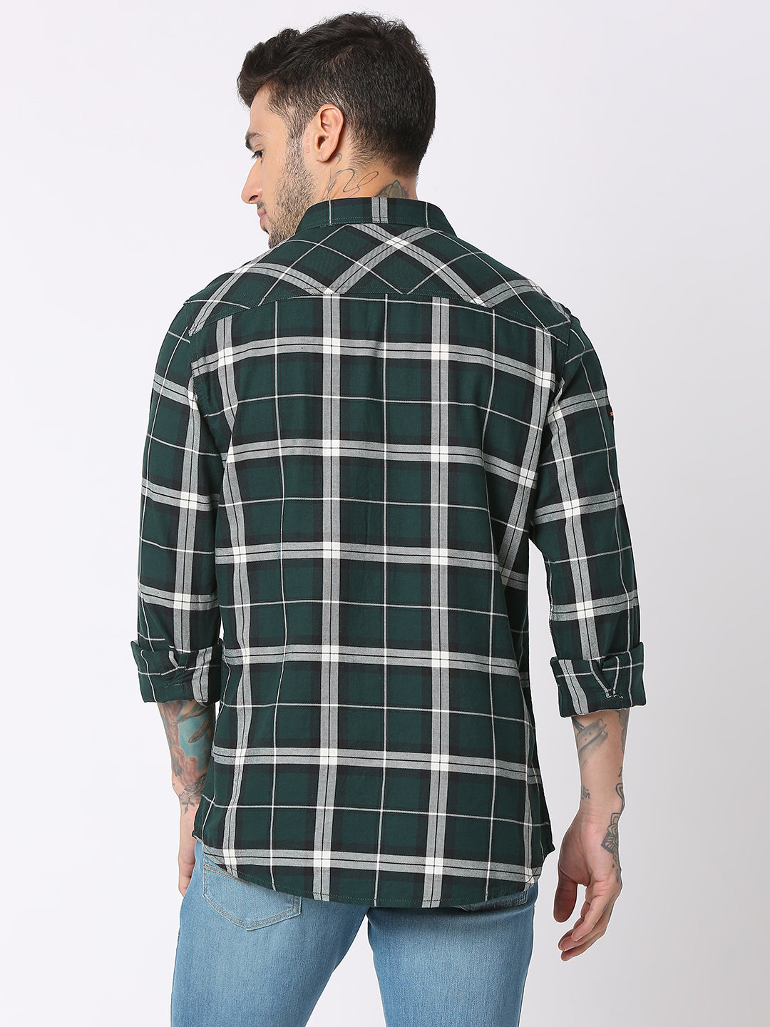 Spykar Men Bottle Green Cotton Regular Fit Checkered Shirts