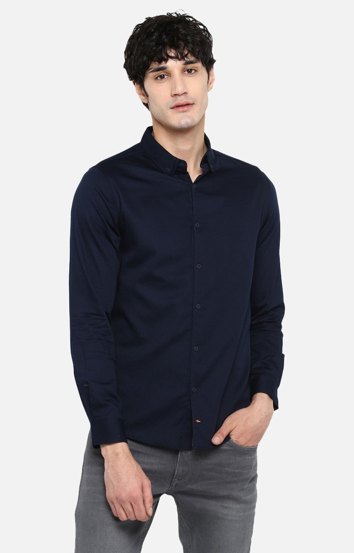 Spykar Men'S Blue Satin Solid Casual Shirts