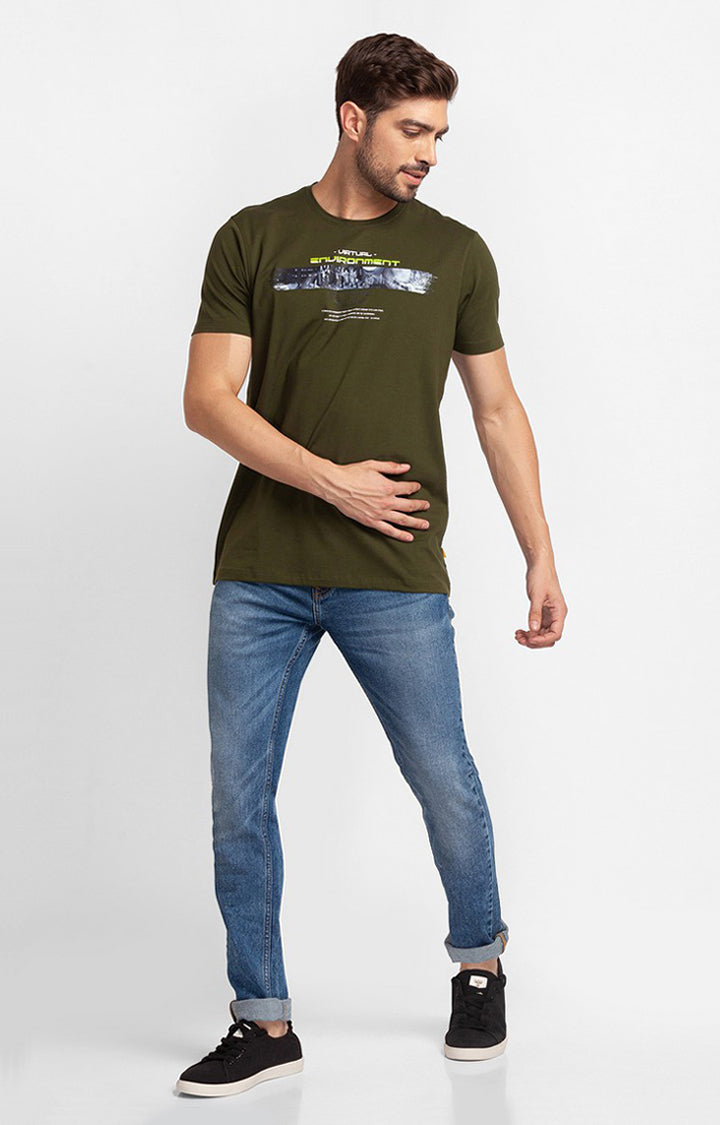 Spykar Rifle Green Cotton Half Sleeve Printed Casual T-Shirt For Men