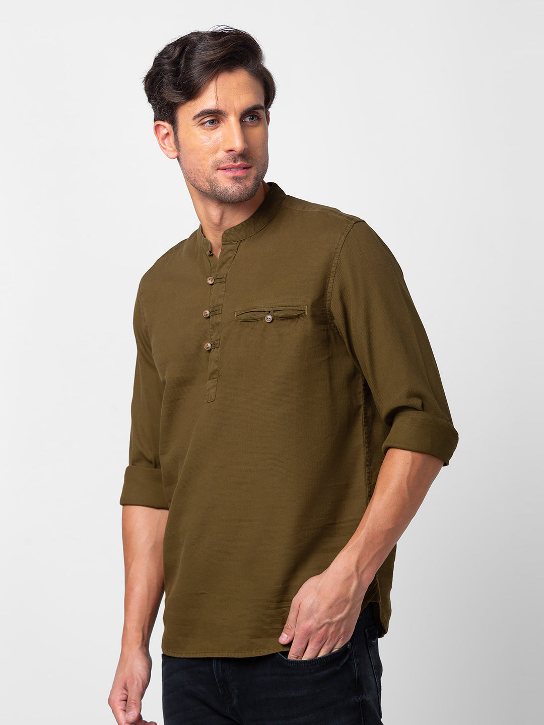 Spykar Men Military Green Cotton Slim Fit M and arin Collar Plain Kurta