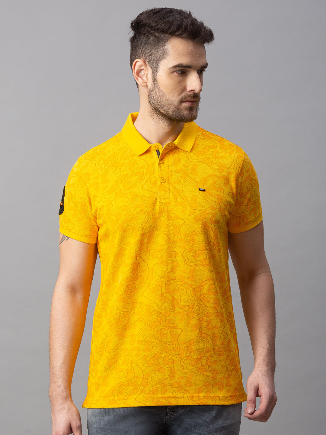 Spykar Men Yellow Cotton Slim Fit Polo T-Shirt