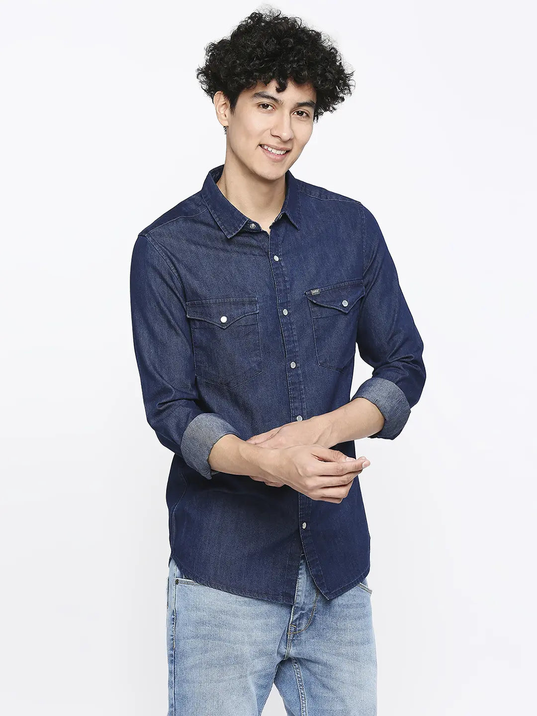 Spykar Men Mid Blue Cotton Slim Fit Denim Shirt